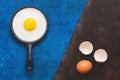 Creative layout of one fried egg in a frying pan and a raw egg with shell on a double blue brown painted background. Top view, Royalty Free Stock Photo