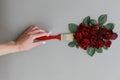 Creative layout with paint brush and red rose flowers on gray background. Woman hand hold brush paints. Copy space