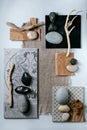 Creative layout squares with stones and branch
