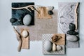 Creative layout squares with stones and branch