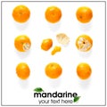Creative layout of tangerines, mandarines. Unpeeled and peeled ripe tangerines, mandarines, clementines with leaves isolated on