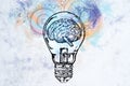 Creative light bulb with brain and cogs sketch Royalty Free Stock Photo