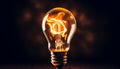 Creative light bulb burning on dark background concept of electricity saving and energy efficiency