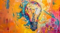Creative light bulb explodes with colorful paint and colors. New idea, brainstorming concept. Royalty Free Stock Photo