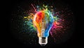 Creative light bulb explodes with colorful paint and splashes Royalty Free Stock Photo