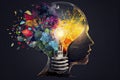 Creative light bulb explodes with colorful paint and splashes Think differently creative idea concept