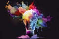 Creative light bulb explodes with colorful paint and splashes Think differently creative idea concept