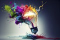 Creative light bulb explodes with colorful paint and splashes Think differently creative idea concept