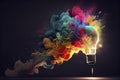 Creative light bulb explodes with colorful paint and splashes Think differently creative idea concept