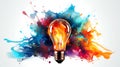 Creative light bulb explodes with colorful watercolor paint and splashes on a white background. Think differently creative idea Royalty Free Stock Photo