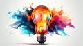Creative light bulb explodes with colorful watercolor paint and splashes on a white background. Think differently creative idea Royalty Free Stock Photo