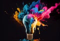 Creative light bulb explodes with splashes of multi-colored paint on a dark background. Generate Ai