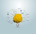 Creative light bulb idea and crumpled paper ball, With thinking drawing charts and graphs Royalty Free Stock Photo