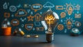 Creative Light Bulb Ideas and Inspiration for Innovative Thinking and Brainstorming Sessions with Doodles and Illustrations in Royalty Free Stock Photo