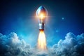 Creative Light Bulb Rocket Launch on Blue Background Royalty Free Stock Photo