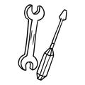 A creative line drawing doodle of a spanner and a screwdriver