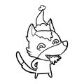 A creative line drawing of a hungry wolf wearing santa hat