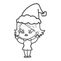 A creative line drawing of a stressed woman wearing santa hat