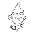 A creative line drawing of a suspicious monkey wearing santa hat