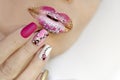 Creative lip makeup and trendy nail art manicure Royalty Free Stock Photo