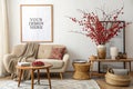 Creative living room composition with mock up frame Royalty Free Stock Photo