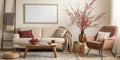 Creative living room composition with mock up frame Royalty Free Stock Photo