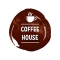 Creative logo for coffee house with printed lettering on dark brown stain with white cup Royalty Free Stock Photo