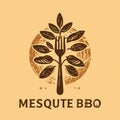 Rustic Mesquite BBQ Logo with Fork Tree Royalty Free Stock Photo