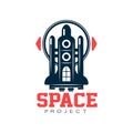 Creative logo design of cosmic shuttle. Scientific expedition. Journey into space. Abstract emblem in flat style. Vector