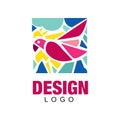 Creative logo design with pink tropical bird parrot . Abstract icon in rectangular shape. Colorful vector design for