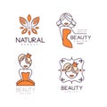 Vector logos for beauty salon or natural cosmetics. Emblems with abstract butterfly and girls silhouettes. Linear labels