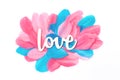 Creative love with colorful feathers, flat lay Royalty Free Stock Photo