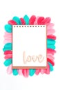 Creative love with colorful feathers, flat lay Royalty Free Stock Photo