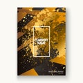 Creative luxurious and rich cover frame design paint golden splatter, gold glitter vector illustration. Black yellow abstract Royalty Free Stock Photo