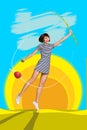 Creative magazine artwork banner of carefree girl hold fishing rod catching isolated realistic nature background