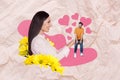 Creative magazine banner collage of gentle lady hold her small husband dream true love relationship concept Royalty Free Stock Photo