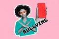 Creative magazine banner collage of young lady crossing arms stop cyberbullying concept while using modern gadget