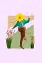 Creative magazine banner poster collage of freak person with yellow daisy face dancing active celebrate spring event