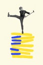 Creative magazine collage of energetic guy dance on paint blue yellow piano keys celebrate ukraine victory russian