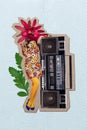 Creative magazine collage of glamour lady with exotic flower face stand boom box festive occasion celebration Royalty Free Stock Photo