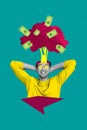 Creative magazine collage image of lucky guy having head explosion winning cash isolated colorful background