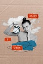 Creative magazine collage picture of unhappy tired lady wake up early look clock want sleep more on weekends