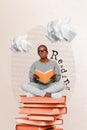 Creative magazine collage template of serious minded lady sitting pile stack books reading think smart materials