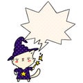 A creative magical amazing cartoon cat wizard and speech bubble in comic book style