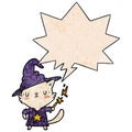 A creative magical amazing cartoon cat wizard and speech bubble in retro texture style