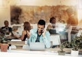 Creative man, phone and laptop at cafe with smile for communication, networking or conversation. Happy male freelancer Royalty Free Stock Photo