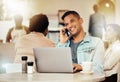 Creative man, phone and laptop at cafe with smile for communication, networking or conversation. Happy male freelancer Royalty Free Stock Photo