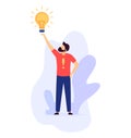 Creative man raising light bulb, symbolizing new idea or innovation. Bright concept for imagination, invention, thinking Royalty Free Stock Photo