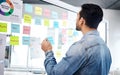 Creative man, sticky note and glass board for project planning, schedule tasks or management at office. Male person or Royalty Free Stock Photo