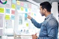 Creative man, sticky note and pointing on glass board for schedule tasks, planning or brainstorming at office. Male Royalty Free Stock Photo